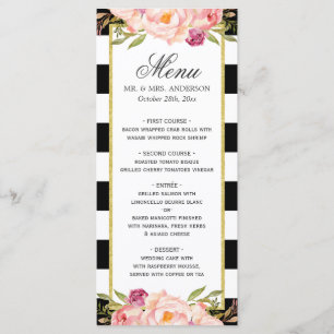 Floral moderne noir blanc rayé   Menu Mariage