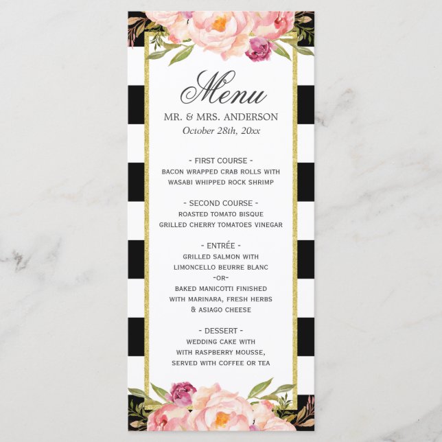 Floral moderne noir blanc rayé | Menu Mariage (Devant)