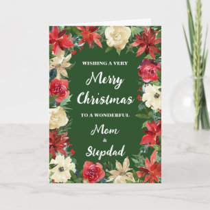 Floral Mom and Stepdad Merry Christmas Card