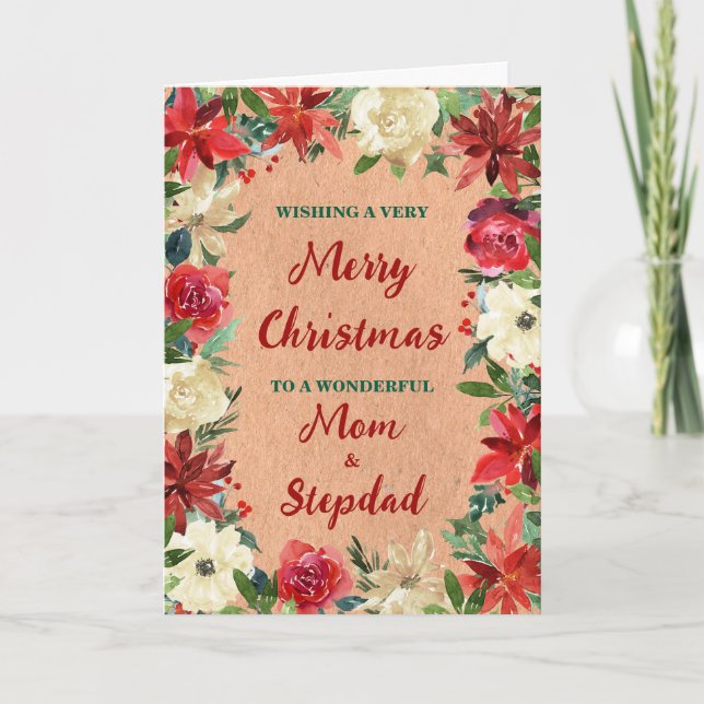 Floral Mom and Stepdad Merry Christmas Card (Front)