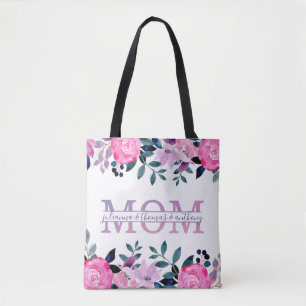 Floral Mom split Monogram with kids names Tote Bag