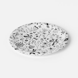 Floral Monochrome Line Art Paper Plate