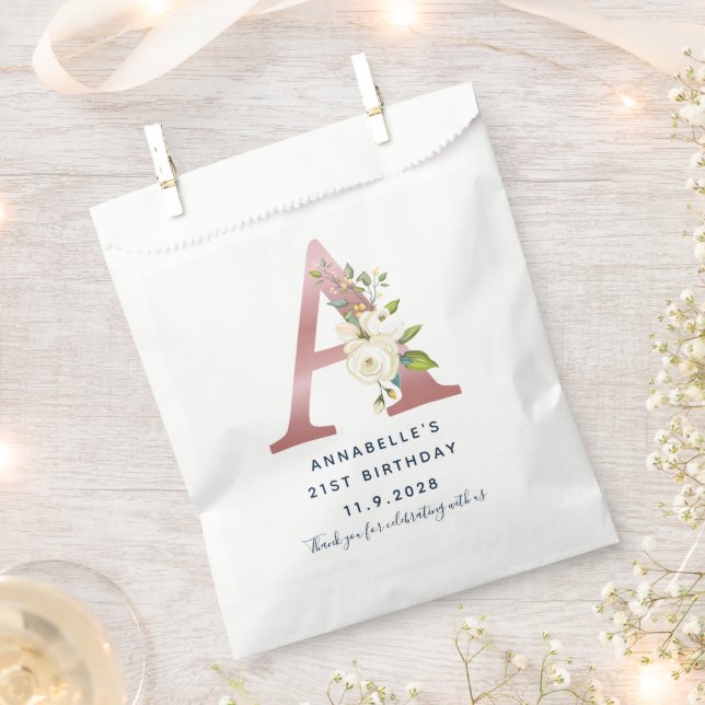Floral Monogram 21st Birthday Name Custom Favour Bag (Clipped)