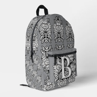 Floral Monogram "B" Black and White Tattoo Flowers Printed Backpack
