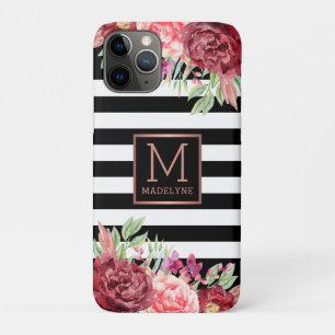 Floral Monogram Black White Striped Rose Gold iPhone 11 Pro Case