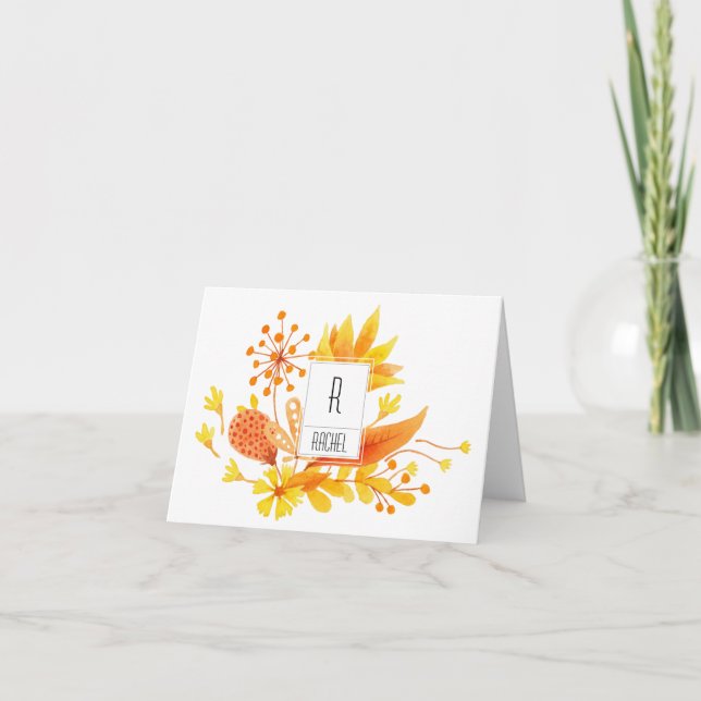 Floral Monogram Blank Note Card Orange Flowers (Front)