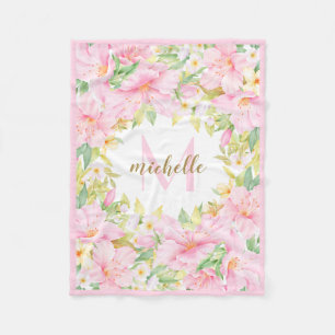 Floral Monogram Botanical Blush Pink Baby Girl Fleece Blanket