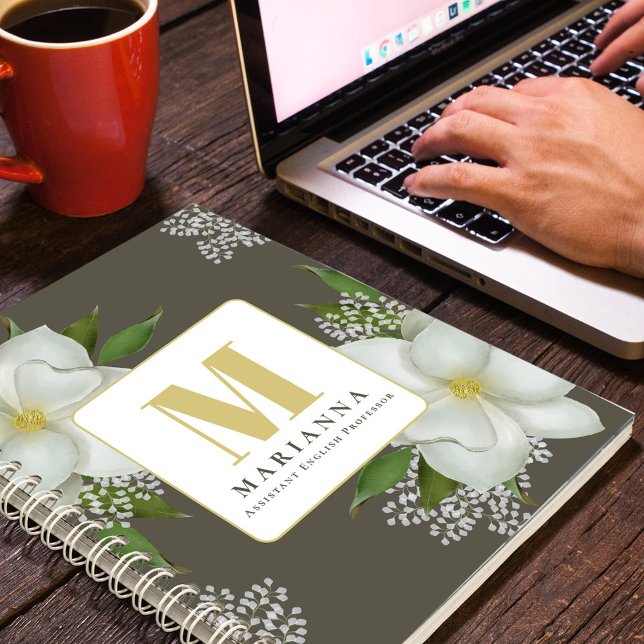 Floral Monogram Botanical Custom Notebook (Botanical white pretty magnolias with white babies breath and greenery notebook)