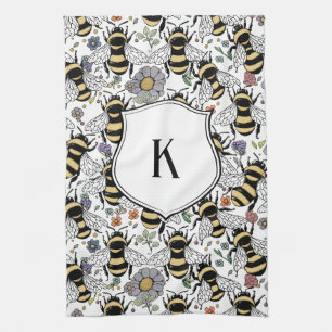 Floral Monogram Bumble Bee Kitchen Towel