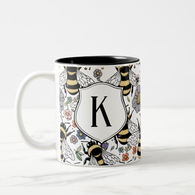 Floral Monogram Bumble Bee  Two-Tone Coffee Mug (Left)