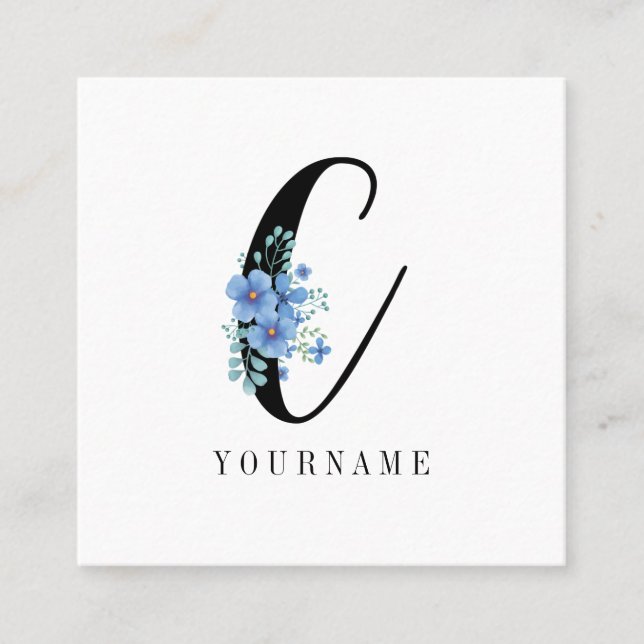 Floral Monogram C Blue Flower Burst Square Business Card (Front)