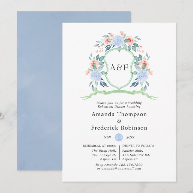 Floral Monogram Crest Wedding Rehearsal Dinner Invitation (Front/Back)