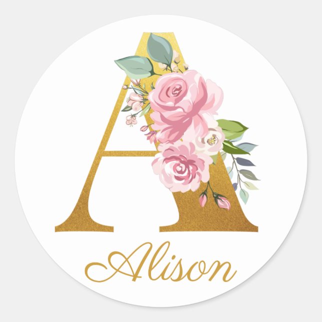 Floral Monogram Custom Name Initial Botanical Classic Round Sticker (Front)