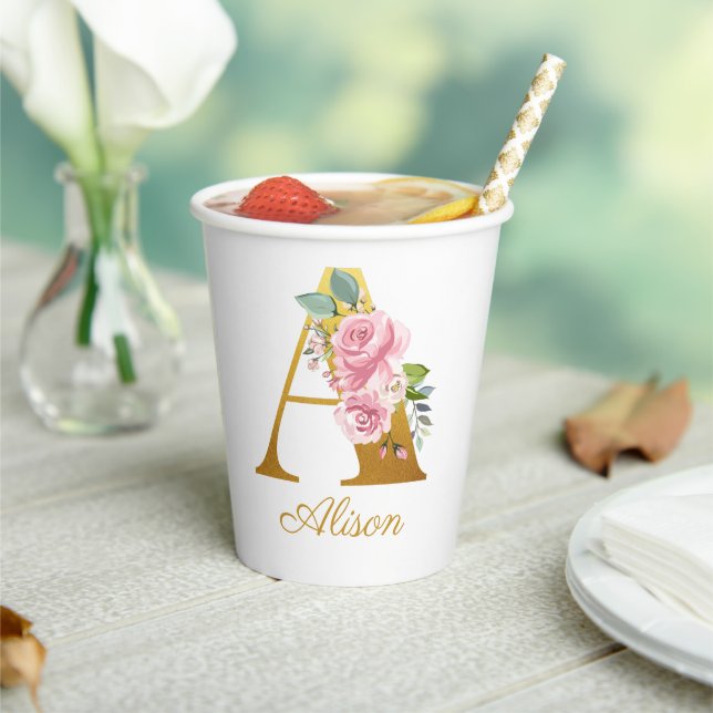 Floral Monogram Custom Name Initial Botanical Paper Cups (Insitu)