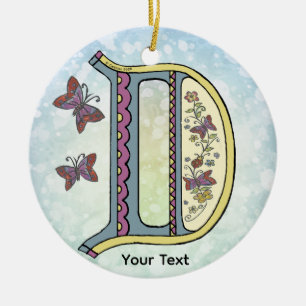 floral Monogram D Ceramic Ornament