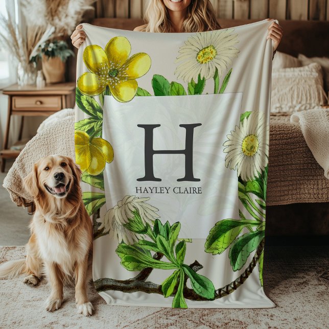 Floral Monogram Daisies Initial Greenery Fleece Blanket (Creator Uploaded)