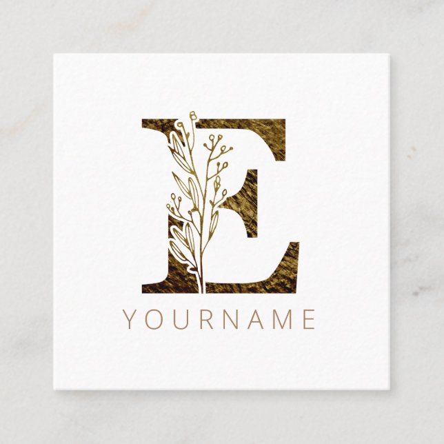 Floral Monogram E Elegant Gold Foliage Square Business Card (Front)