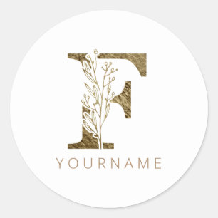 Floral Monogram F Elegant Gold Foliage Classic Round Sticker
