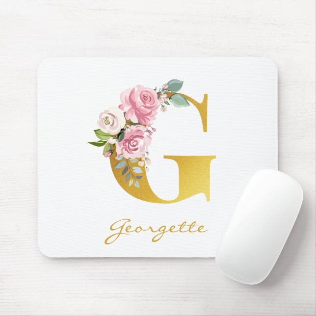 Floral Monogram Faux Gold Name Initial Personalize Mouse Pad (With Mouse)