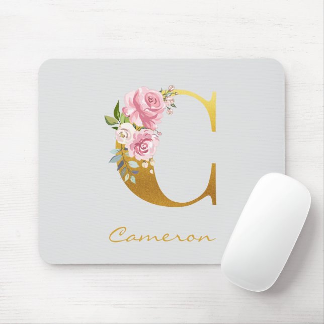 Floral Monogram Faux Gold Name Initial Personalize Mouse Pad (With Mouse)