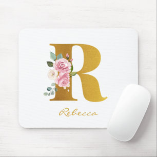 Floral Monogram Faux Gold Name Personalized Mouse Pad