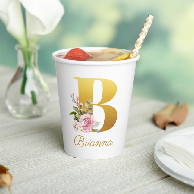 Floral Monogram Floral Custom Name Initial B Paper Cups (Insitu)