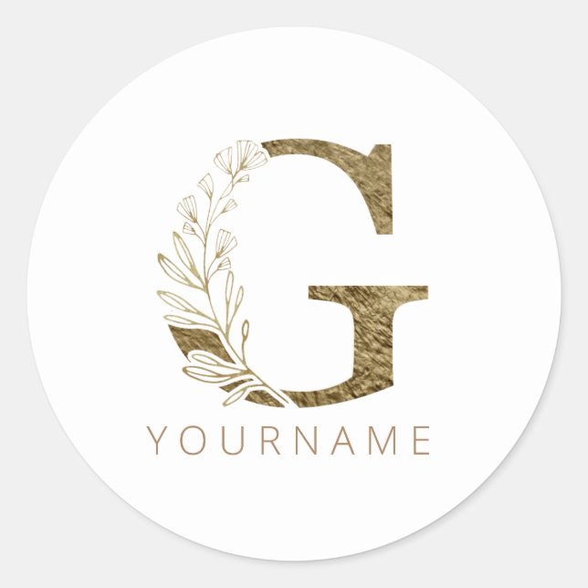 Floral Monogram G Elegant Gold Foliage Classic Round Sticker (Front)