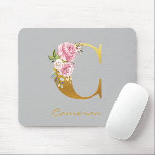 Floral Monogram Gold Name Initial Personalized Mouse Pad
