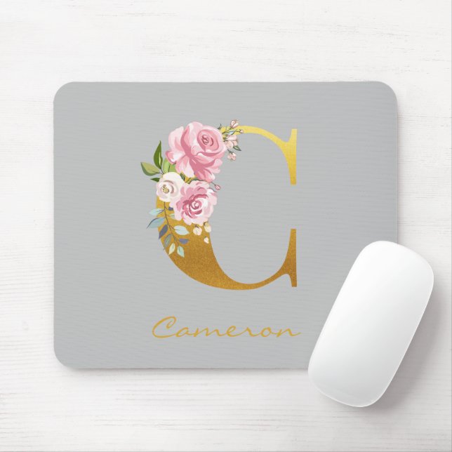 Floral Monogram Gold Name Initial Personalized Mouse Pad (With Mouse)