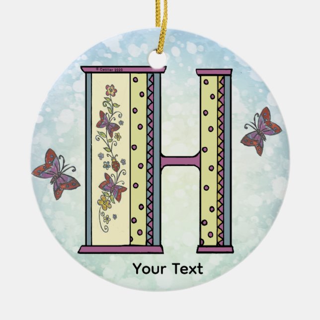floral Monogram H  Ceramic Ornament (Front)