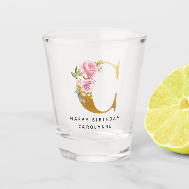 Floral Monogram Happy Birthday Personalized Name Shot Glass (Front)