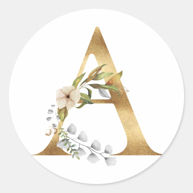 Floral monogram in gold classic round sticker (Front)
