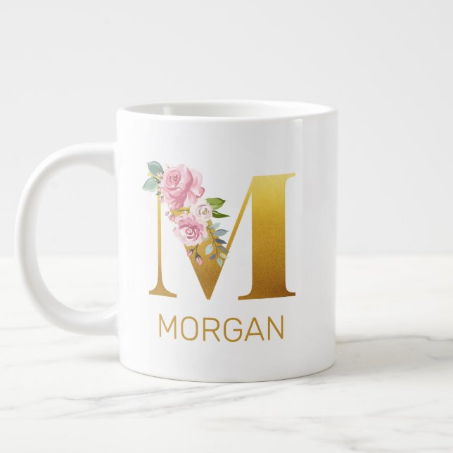 Floral Monogram Initial Botanical Personalized Large Coffee Mug (Left)