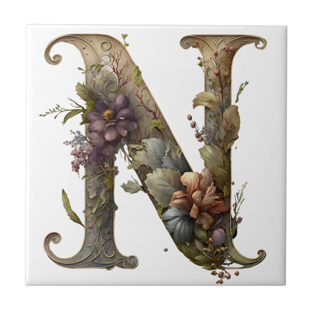 Floral Monogram Initial N Letter Ceramic Tile (Front)