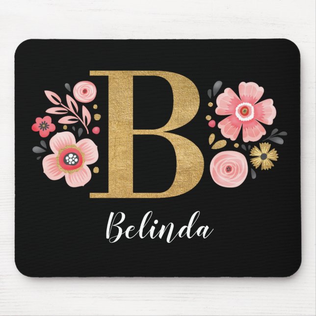 Floral Monogram Initial Pink Gold Letter B Mouse Pad (Front)