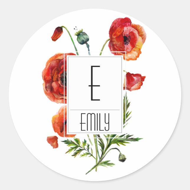 Floral Monogram Initial Stickers Red Poppy Flowers (Front)
