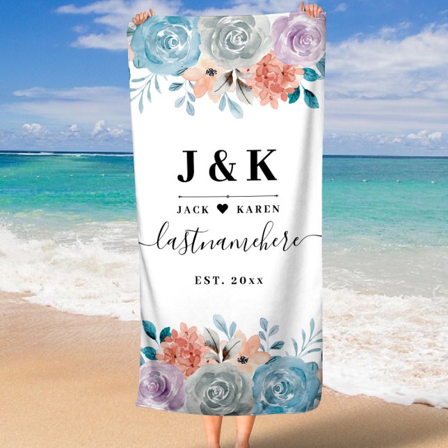 Floral Monogram Initials Custom Family Name Beach Towel (Floral Monogram Initials Custom Family Name)