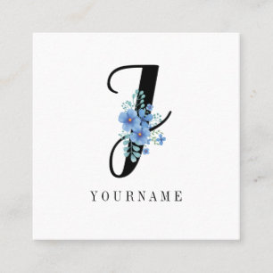 Floral Monogram J Blue Flower Burst Square Business Card