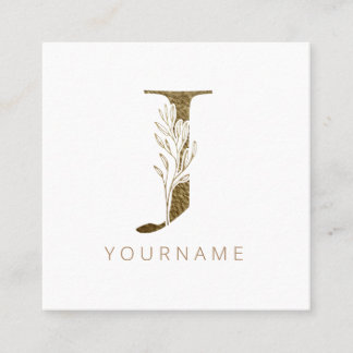 Floral Monogram J Elegant Gold Foliage Square Business Card
