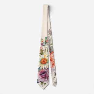 Floral Monogram "J" Watercolor Rose Daisy Flowers Tie