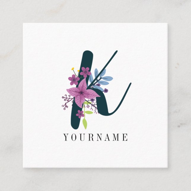 Floral Monogram K Wildflower Burst Square Business Card (Front)