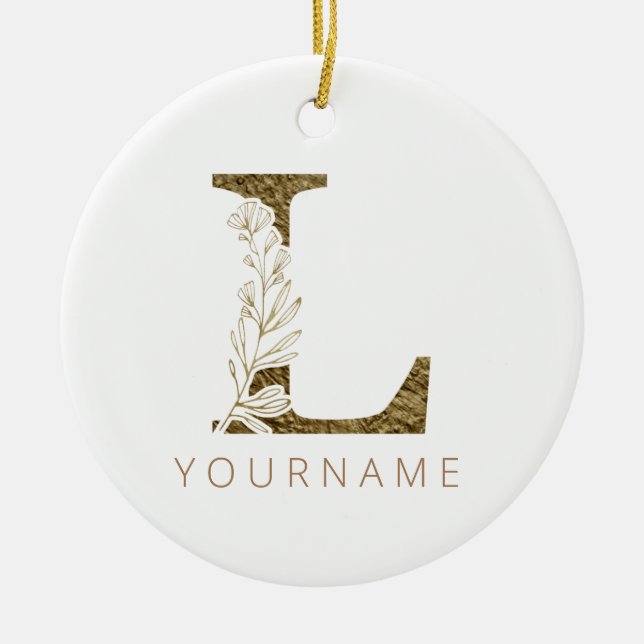 Floral Monogram L Elegant Gold Foliage Ceramic Ornament (Front)