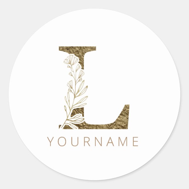 Floral Monogram L Elegant Gold Foliage Classic Round Sticker (Front)