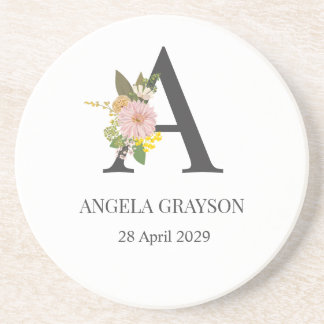 Floral Monogram Letter A Custom Name and Date Coaster
