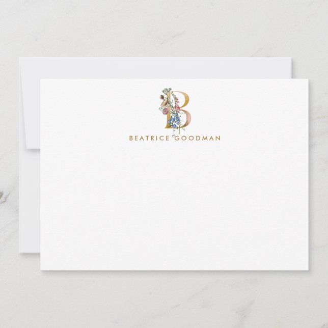 Floral Monogram Letter B Blue & Gold Personalized Card (Front)