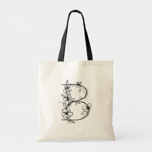 Floral Monogram Letter B Reusable Canvas  Tote Bag