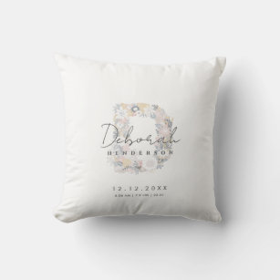 Floral Monogram Letter D Baby Birth Stats Throw Pillow