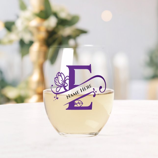 Floral Monogram Letter E Add Name Change Colour  Stemless Wine Glass (Insitu (Wedding))
