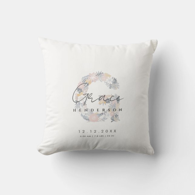 Floral Monogram Letter G Baby Birth Stats Throw Pillow (Front)