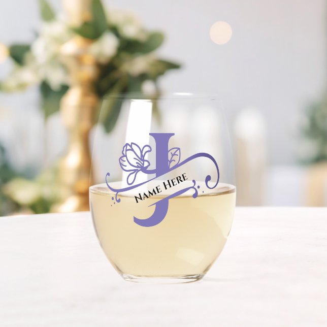 Floral Monogram Letter J Add Name Change Colour  Stemless Wine Glass (Insitu (Wedding))